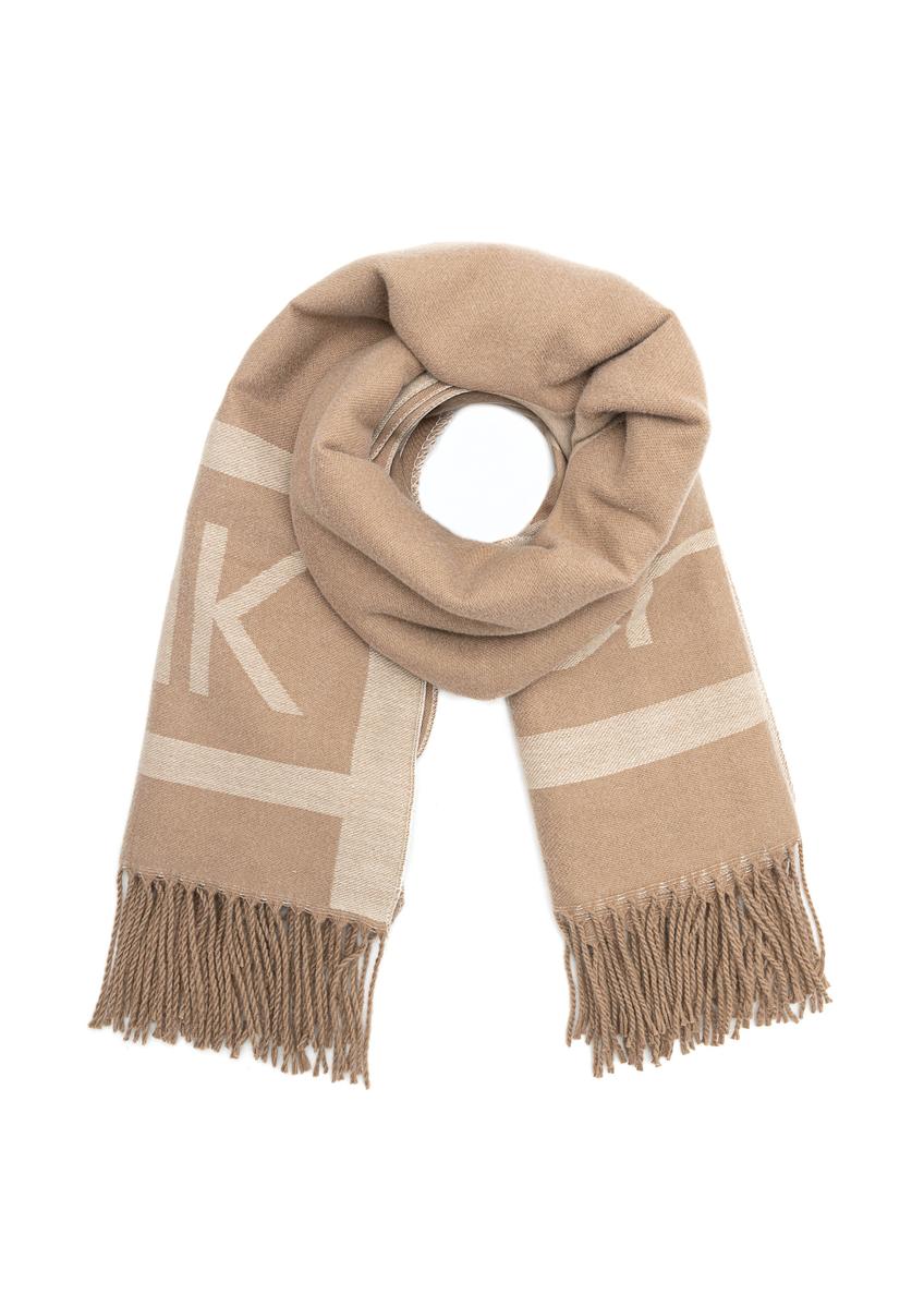 Beige women's poncho with logo SZADT-0203-24(Z25), front product view on white background.