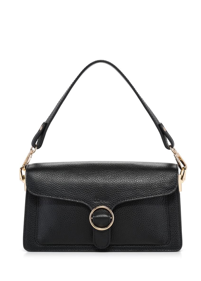 Black leather women's shoulder bag TORES-1221-9I(W26) - front product view on white background.