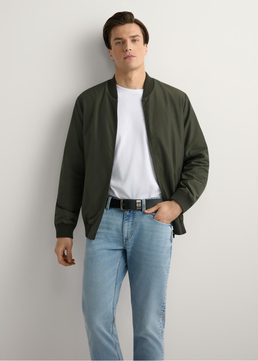 Men's khaki bomber jacket KURMT-0413-8D(W26) - front product view, modeled, against a light background. Knee-length silhouette visible.