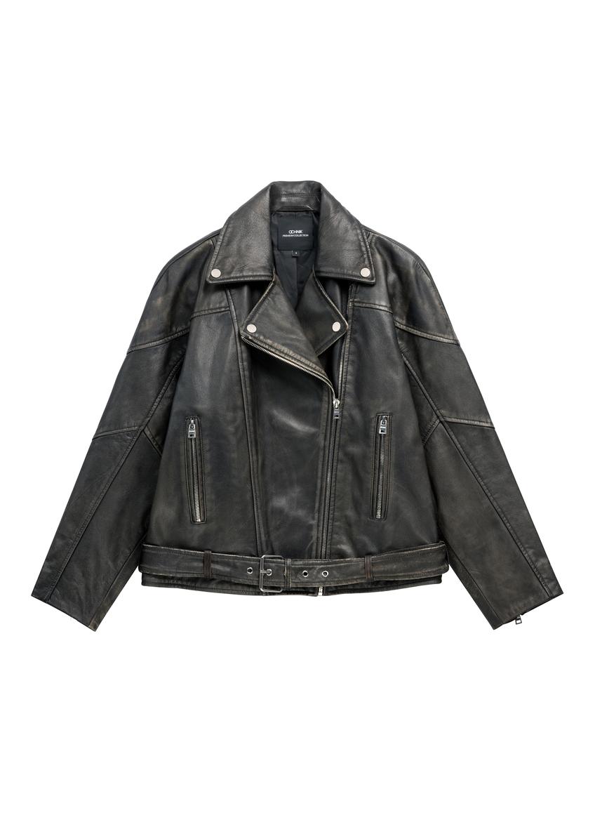 Women's leather biker jacket KURDS-0605-99(W26), product view from the front on a white background.