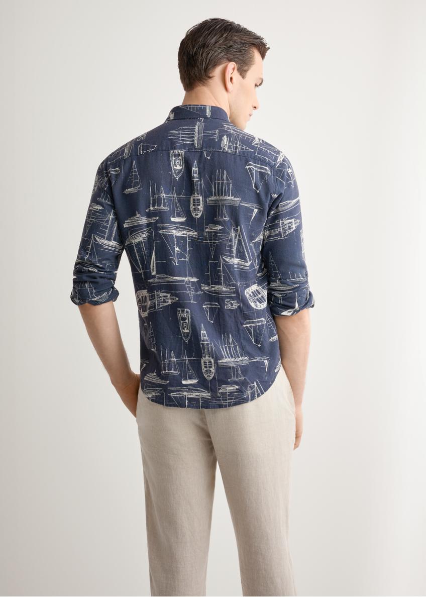 Navy blue linen men's shirt with print KOSMT-0362-7P(W26)