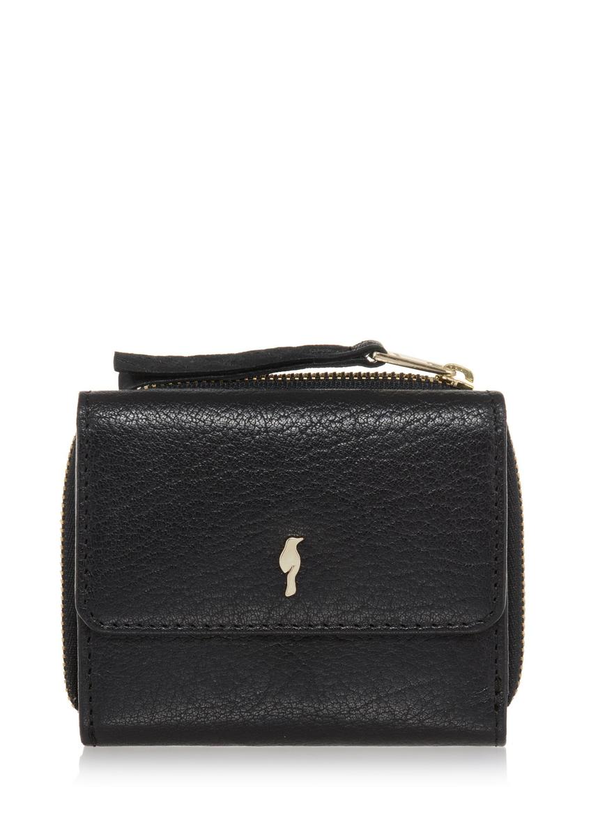 Small fold-out women's wallet black leather PORES-0816A-99(Z25), front product view on white background.