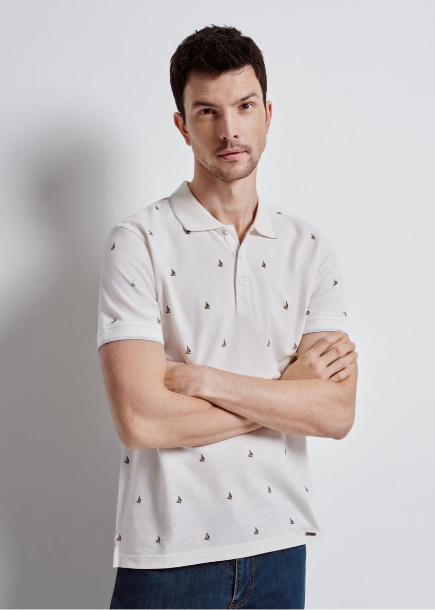 White polo with sailboat pattern men's POLMT-0071-11(W24)-01