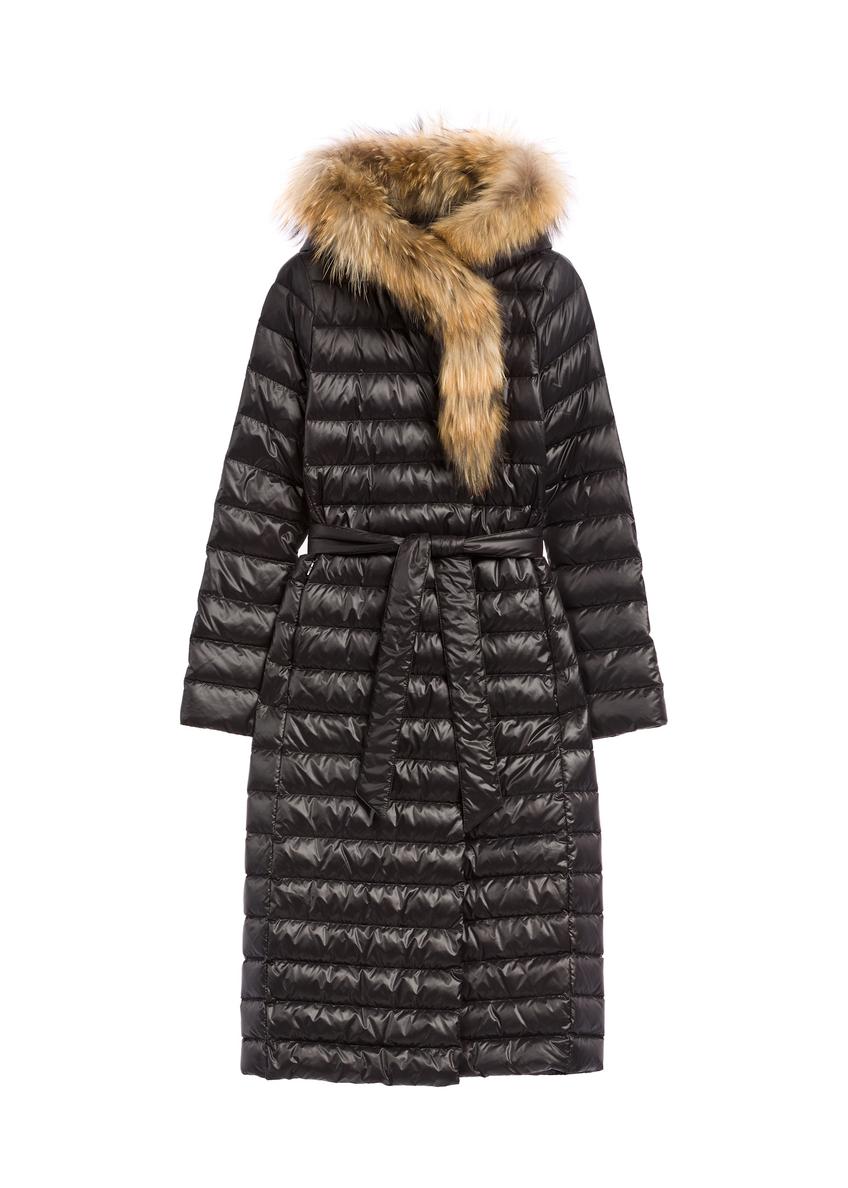 Black long women's jacket with fur KURDT-0706-99(Z26), front view of the product on a white background.