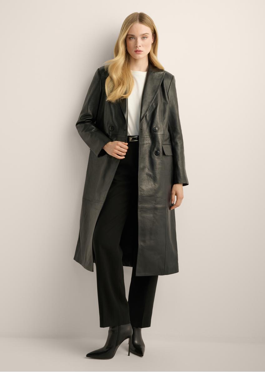Women's leather coat KURDS-0639-99(Z26). Front view of the product on a model. The entire silhouette is visible.