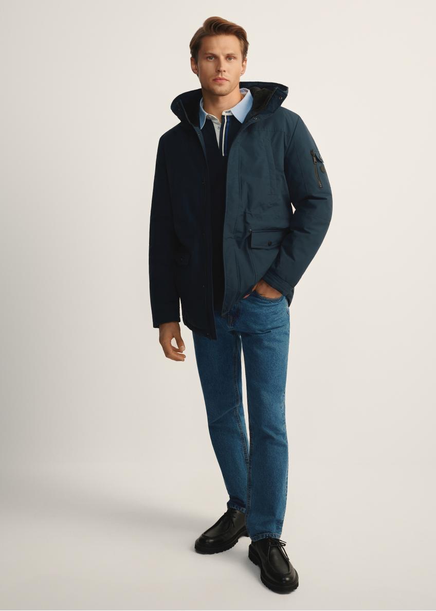 Long men's jacket with hood KURMT-0253-69(Z25) product view, from the front on the model, the entire silhouette is visible.