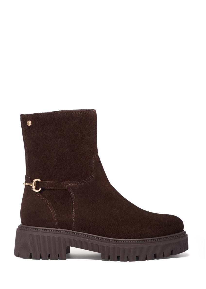 Dark brown suede women's ankle boots BUTYD-1282-1I(Z26), side product view on white background.