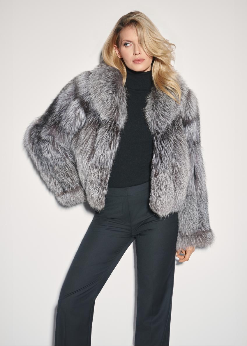 Women's natural gray fur coat FUTDF-0110-3179(Z25), front view of the product on a model. Half of the silhouette visible.