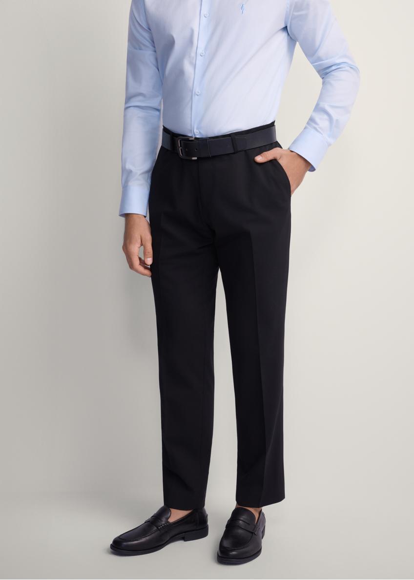 Black men's suit trousers SPOMT-0113-99(Z25), product view from the front on the model, half of the silhouette visible.