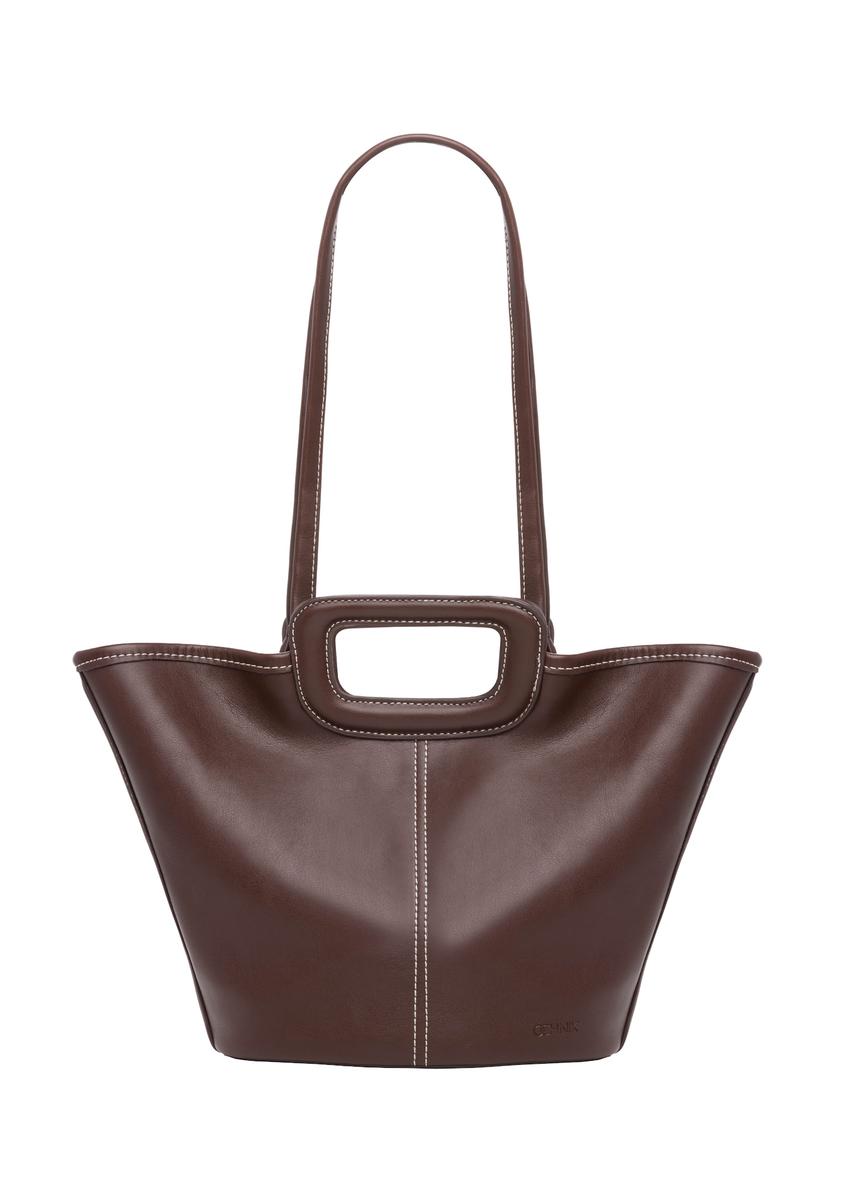 Dark brown women's handbag with stitching TOREC-1213-1H(W26), front product view on white background.