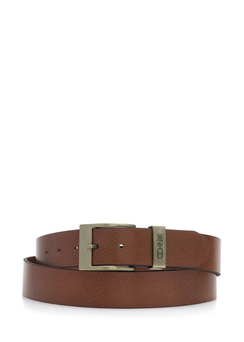 Men's brown leather belt PASMS-0127E-90(W25), product view from the front on white background.