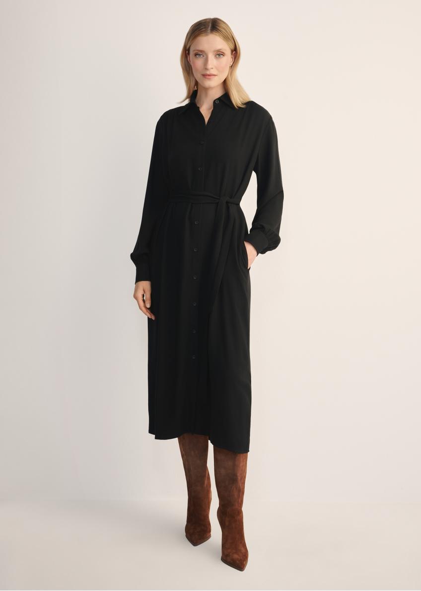 Women's black long-sleeved dress SUKDT-0246-99(Z25), front view of the product on the model. Full body visible.