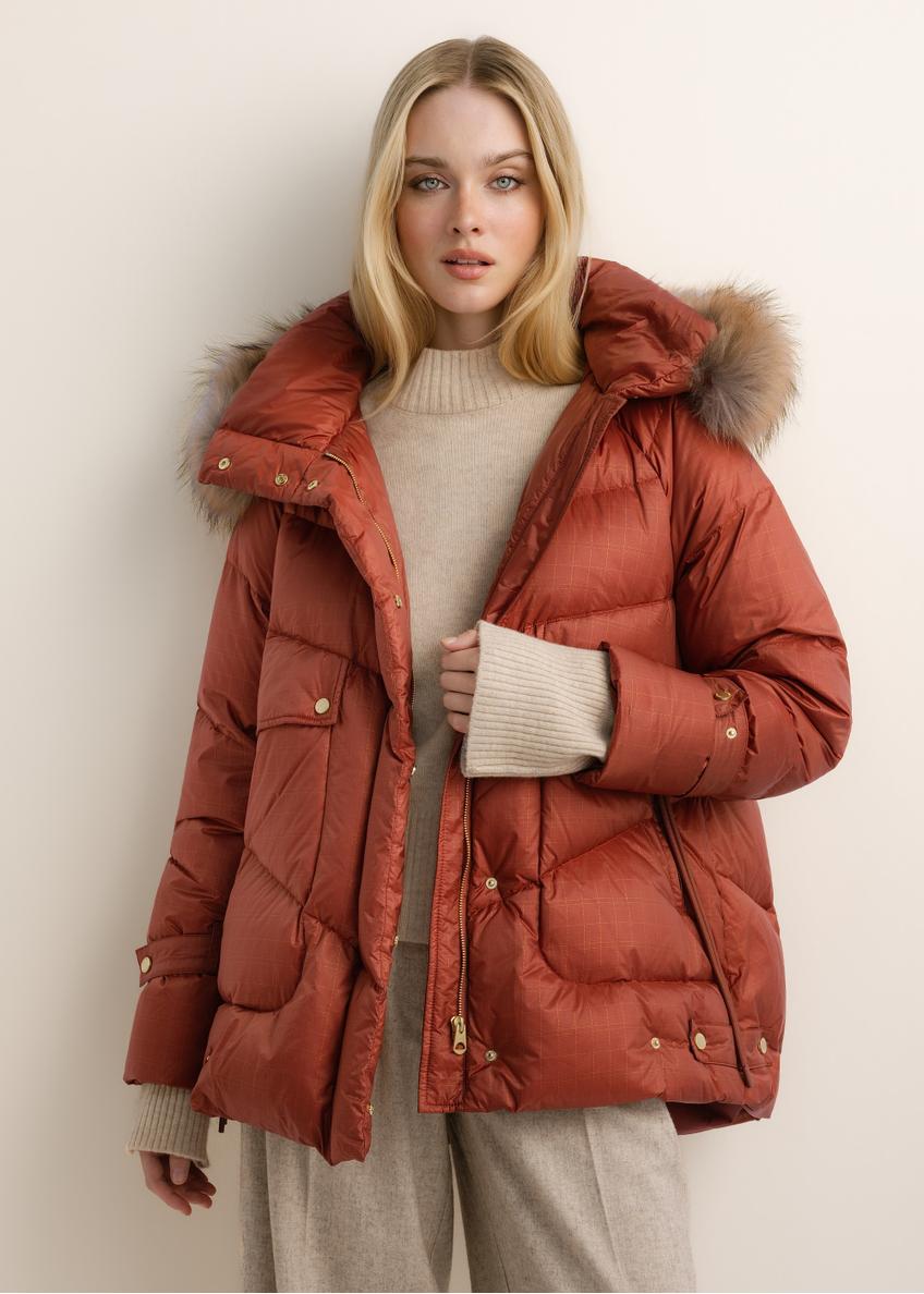 Women's rust-colored jacket with natural insulation (model KURDT-0619-3D(Z26)); front view on a model, showing the upper half of the figure.