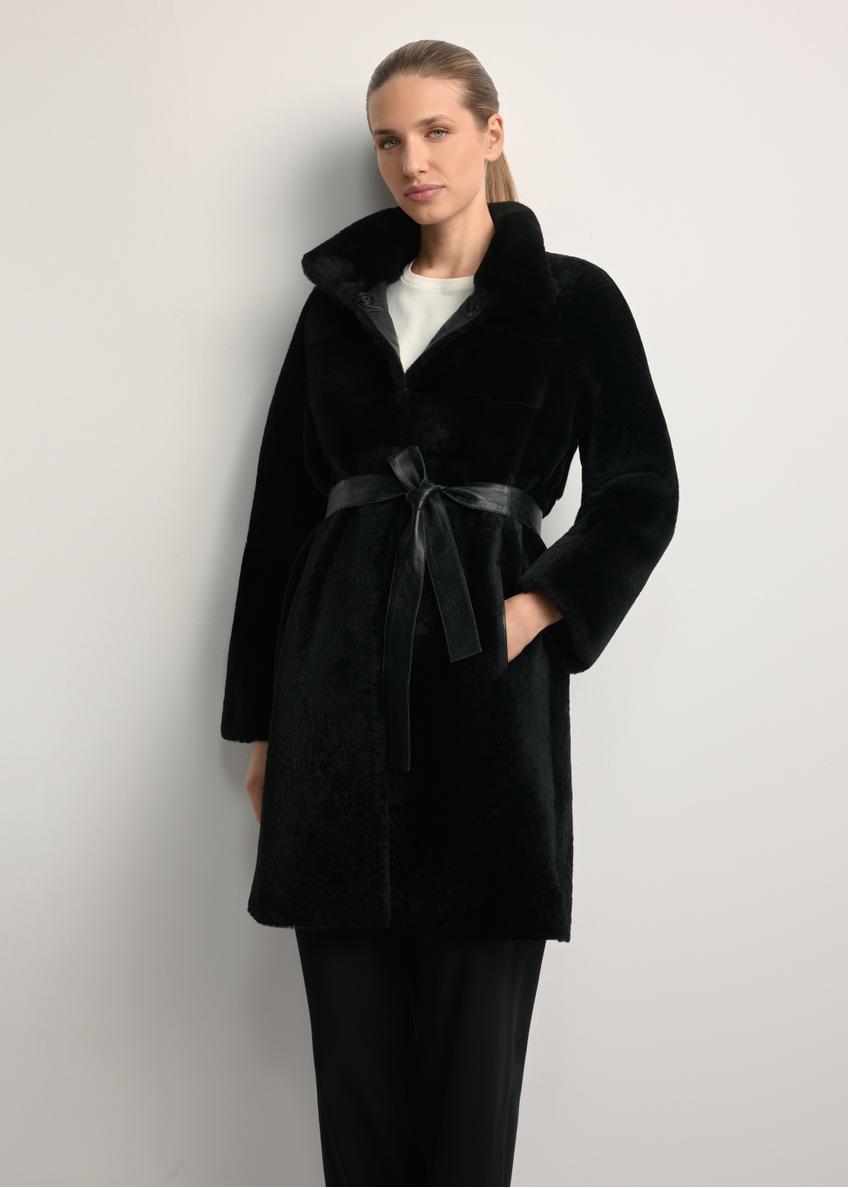 Women's black sheepskin coat with belt KOZDS-0035-5402(Z25) - front product view, on a white background. Knee-length silhouette visible.