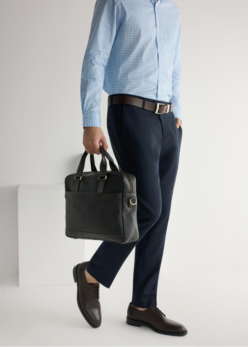 Men's dark brown leather shoes BUTYM-0500-1I(W26), side view of the product on the model's feet.