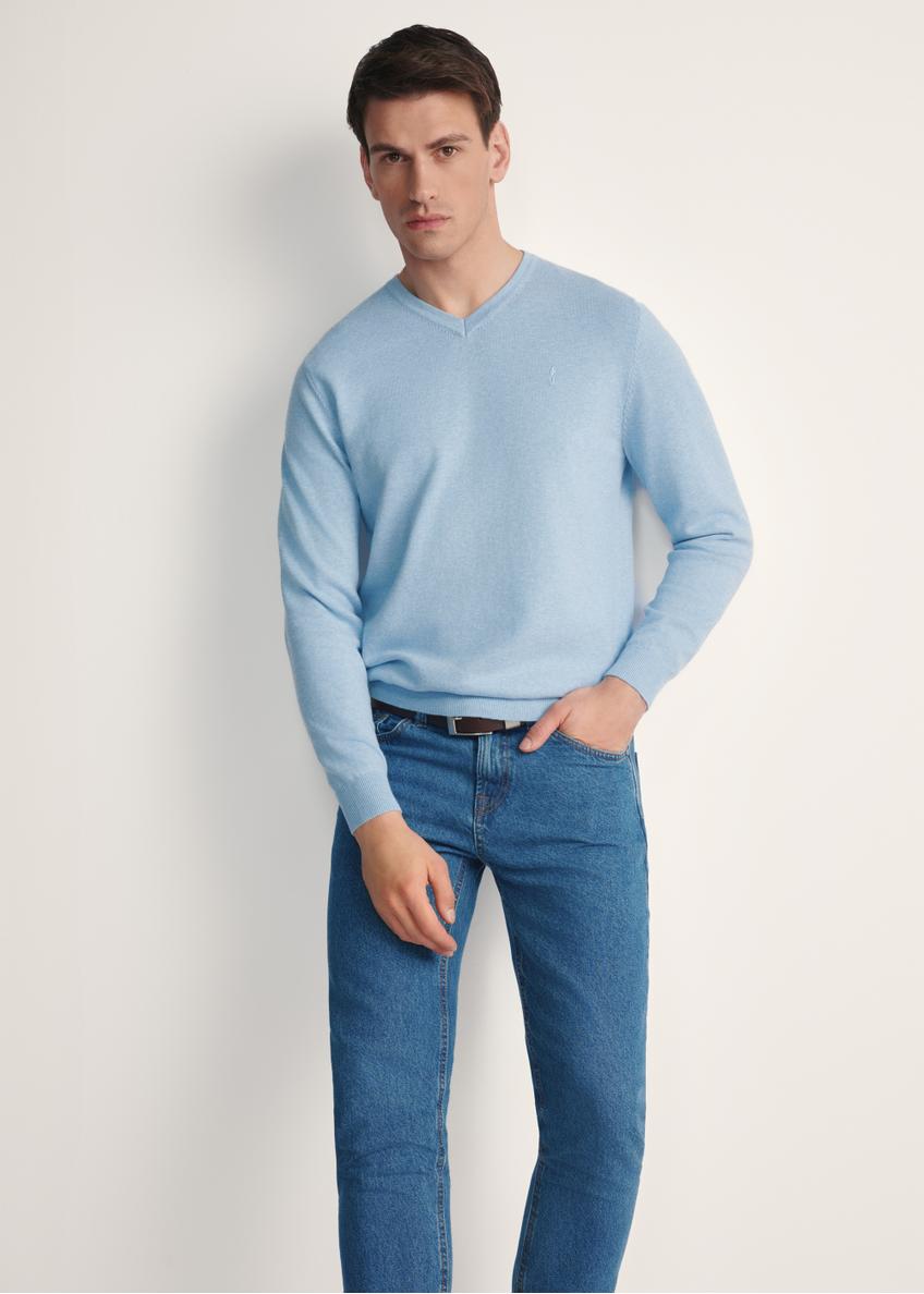 Blue men's sweater with logo SWEMT-0159A-61(Z25), front product view on the model. Half of the silhouette visible.