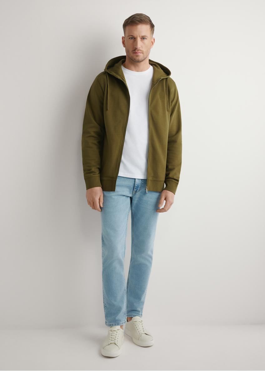 Men's Khaki Zip-Up Sweatshirt BLZMT-0078-8D(W26), front view of the product on the model. Half of the silhouette visible.