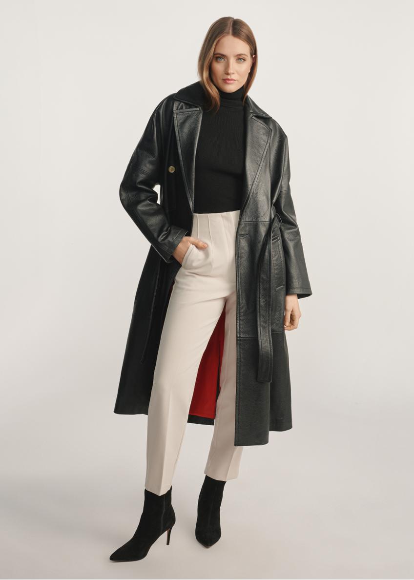 Women's black leather coat KURDS-0487-1192(Z25) - front view of the product on a model against a white background. Full body silhouette visible.