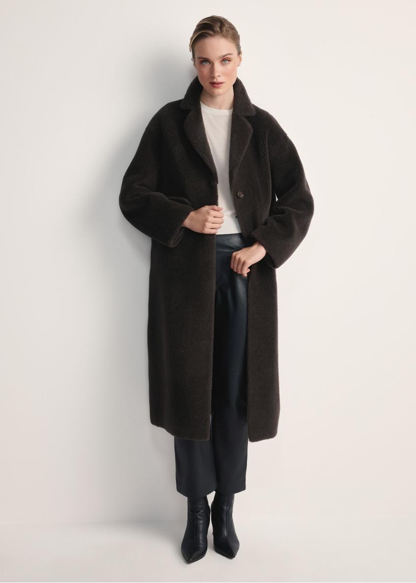 Long graphite women's wool fur coat FUTDW-0034-9D(Z26) - front product view on a white background. Full silhouette visible.