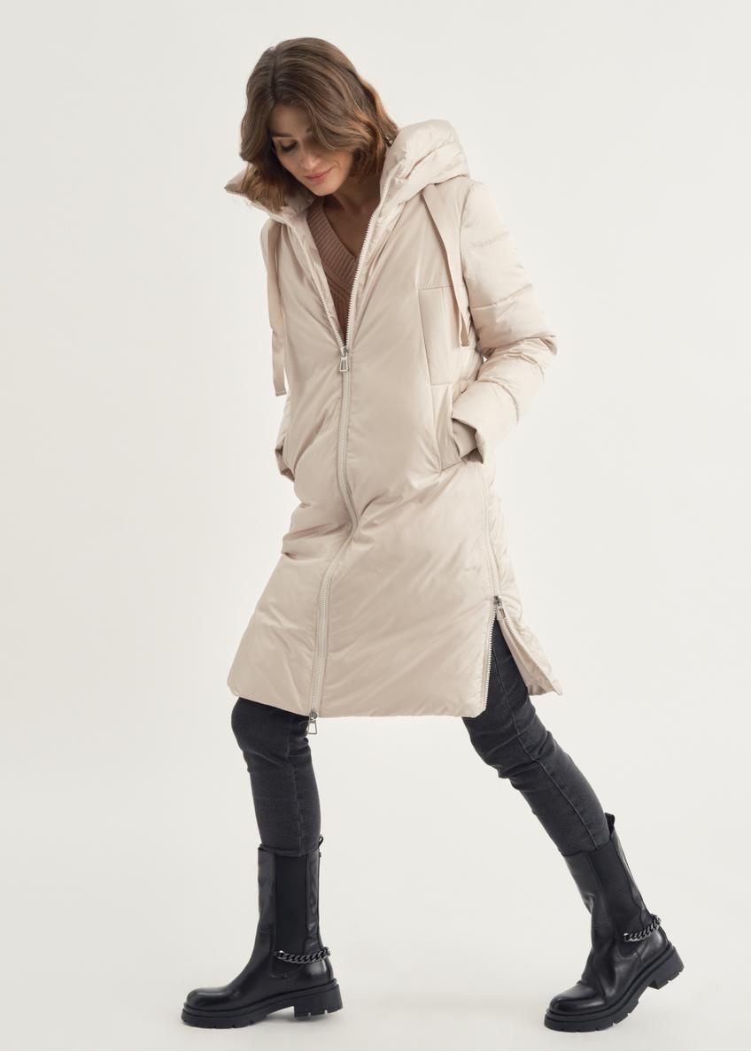 Beige women's winter jacket with hood KURDT-0478-81(Z23)-01