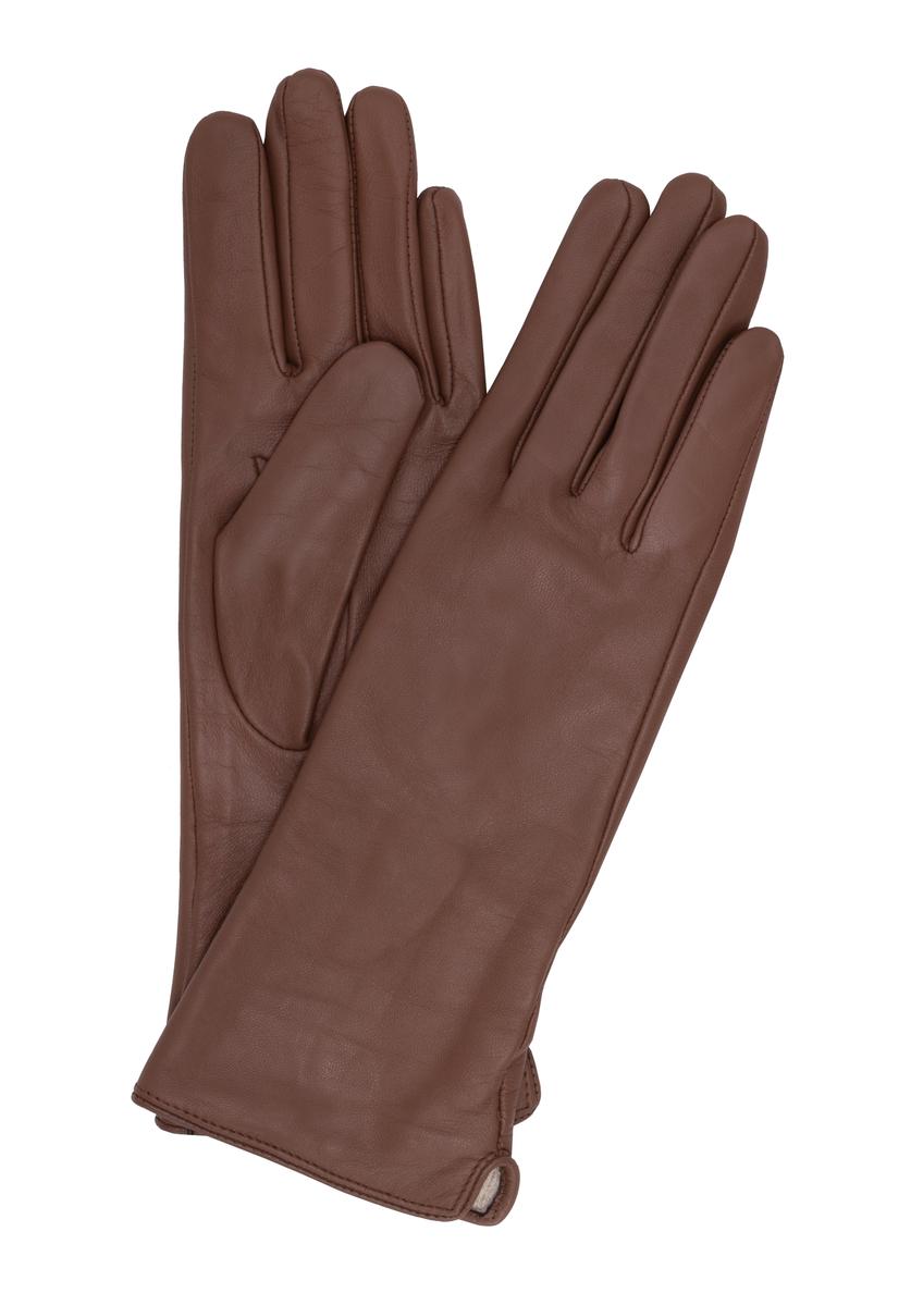 Women's long brown leather gloves REKDS-0082-24(Z23)-01