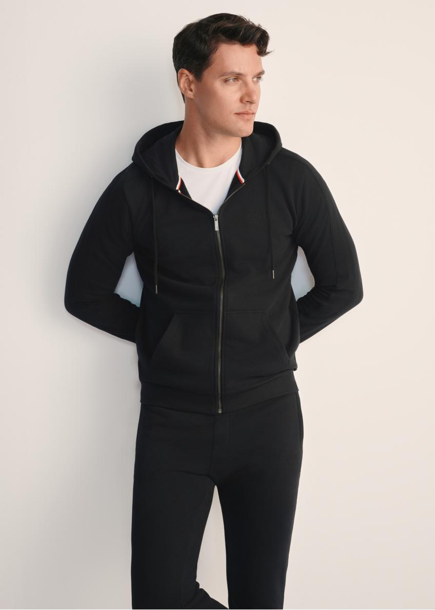 Men's black hoodie BLZMT-0074-99(Z25), front product view on model. Half of the silhouette visible.