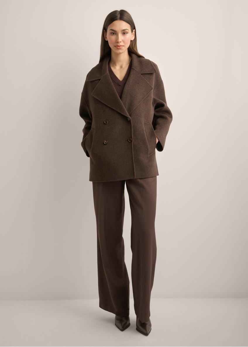 Women's long brown wool coat PLADT-0070-1K(Z26) - front view of the product, on a model, against a light background. Full body visible.