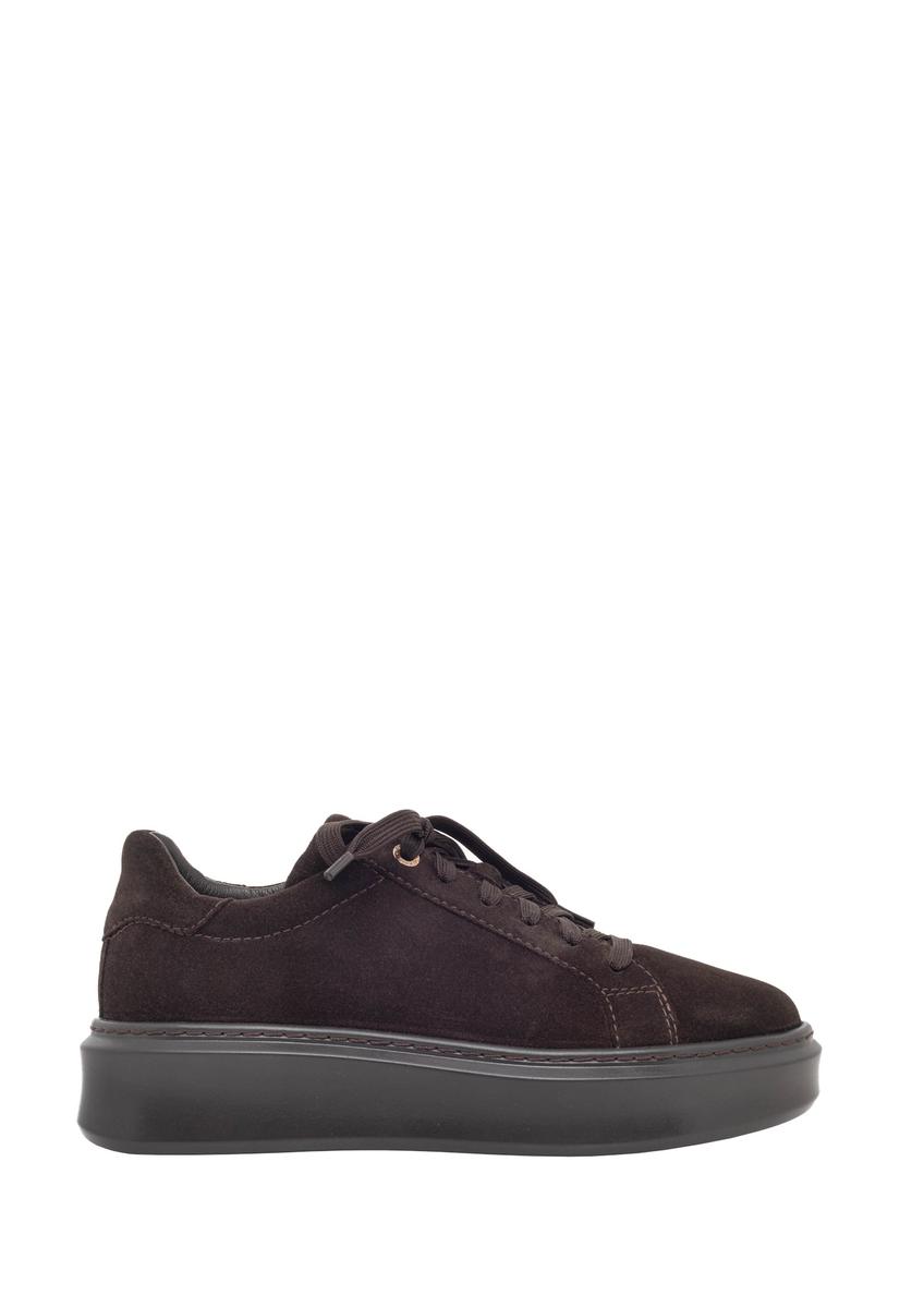 Women's suede shoes in dark brown color BUTYD-1284-1I(Z26), side view of the product on a light background.