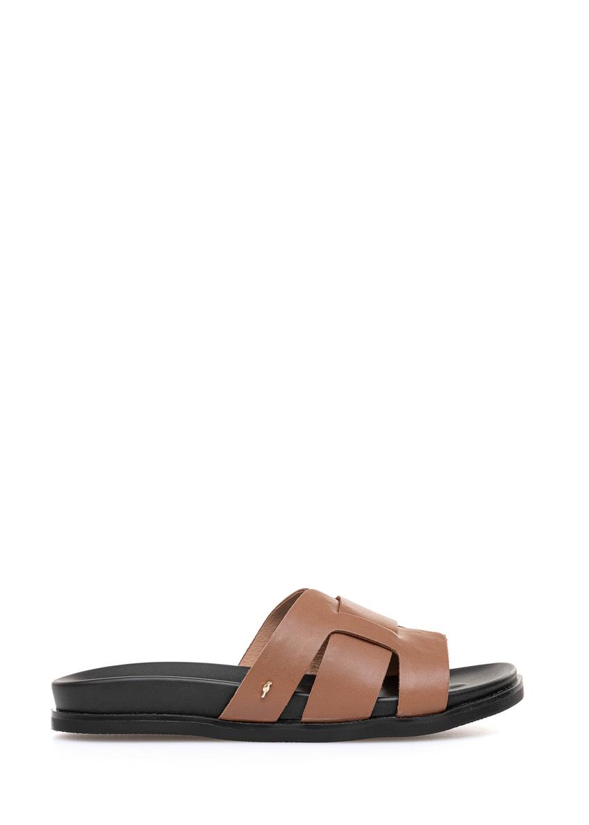 Brown leather women's flip-flops BUTYD-1163-24(W25), product view from the side on a white background.