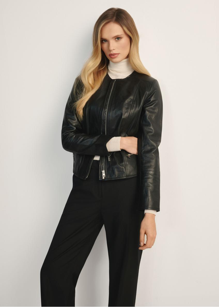 Women's fitted leather jacket KURDS-0414-99(KS), product view from the front on the model, half of the silhouette visible.