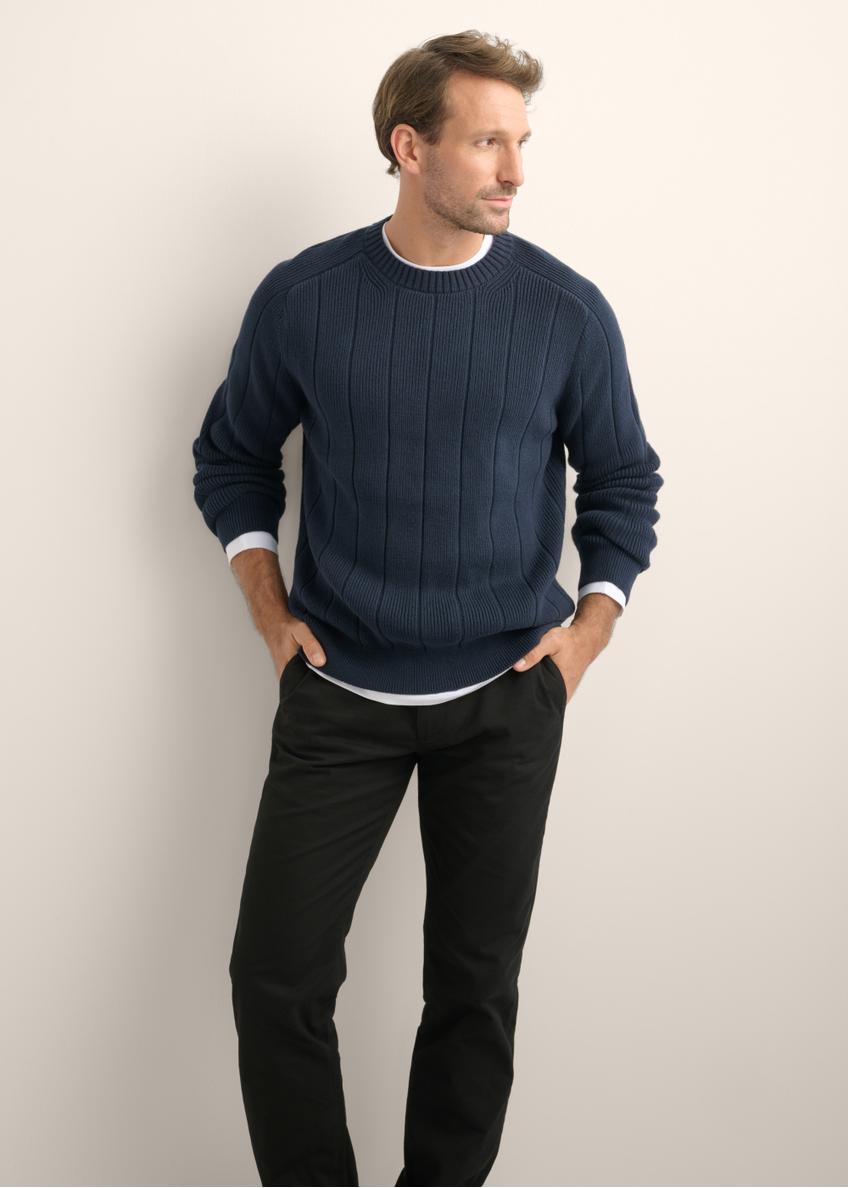Dark navy blue cotton men's sweater SWEMT-0196-7E(Z26), front view of the product on the model. Half of the silhouette visible.