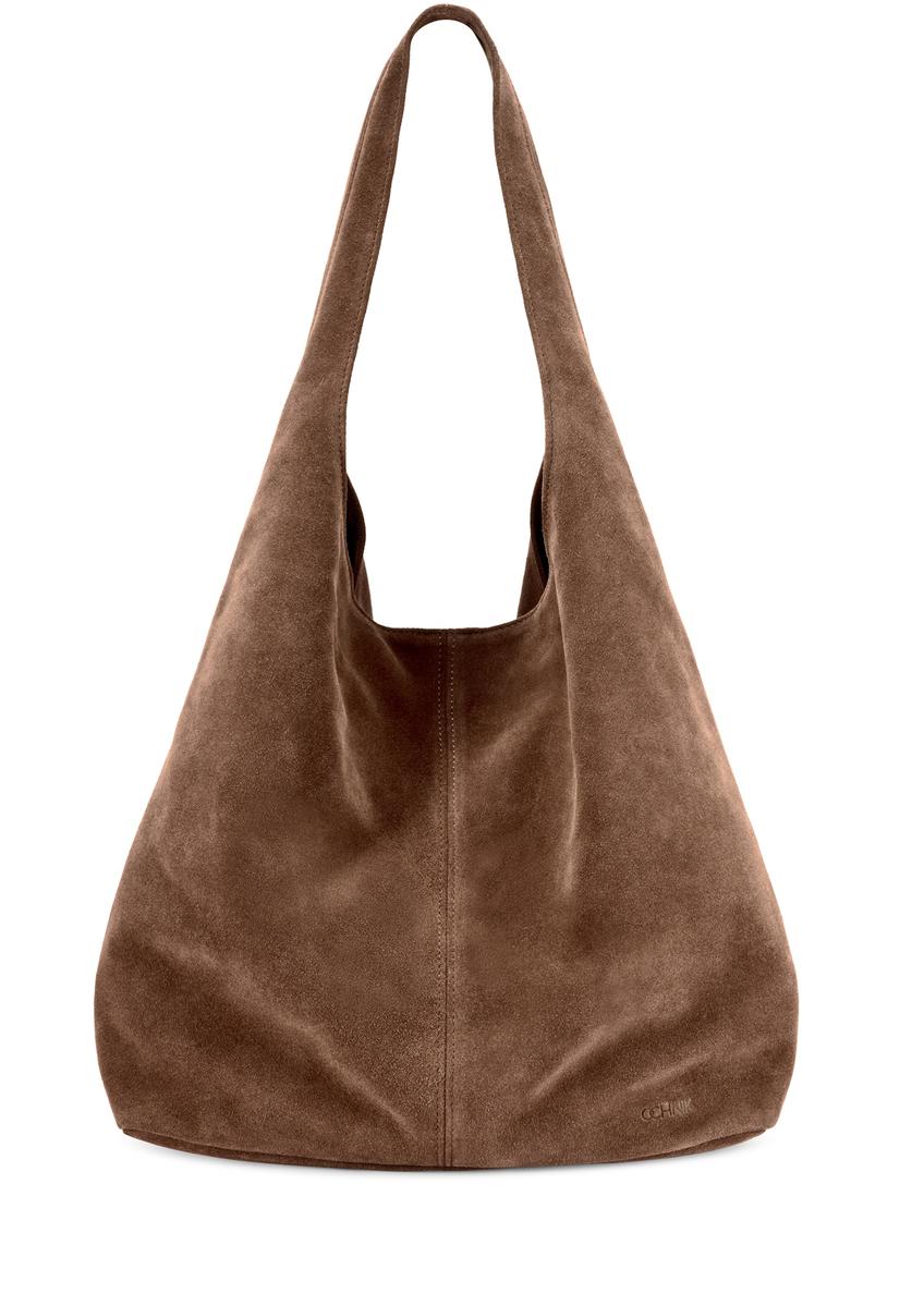 Women's brown suede shopper bag TORES-1177-1I(W26), front product view on white background.