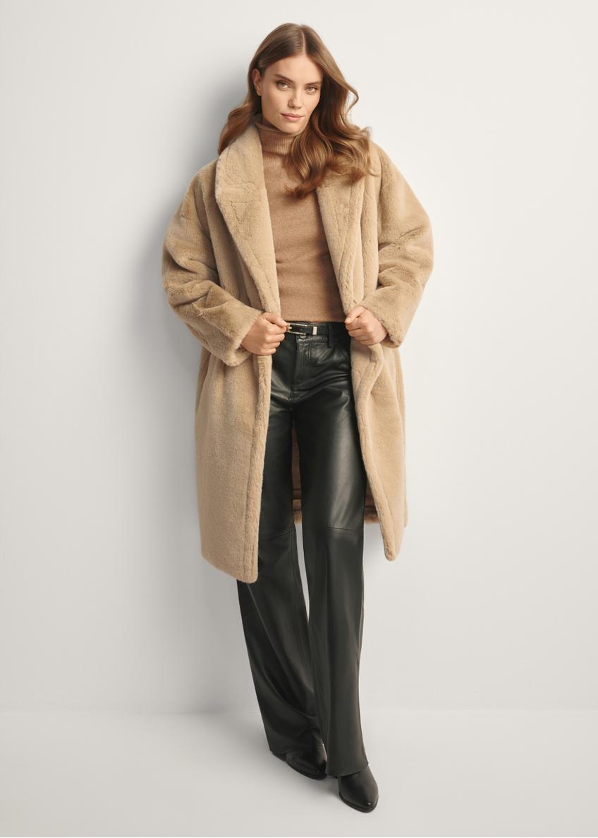 Long beige women's fur coat FUTDP-0064-81(Z25), product view from the front on the model, the entire silhouette is visible.