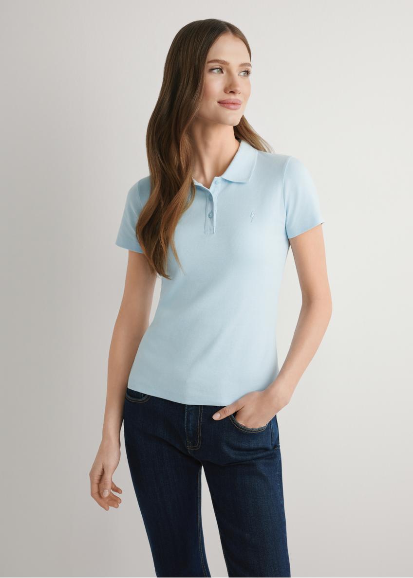 Light blue women's polo shirt POLDT-0006-7A(W26), front view of the product on the model. Half of the silhouette visible.