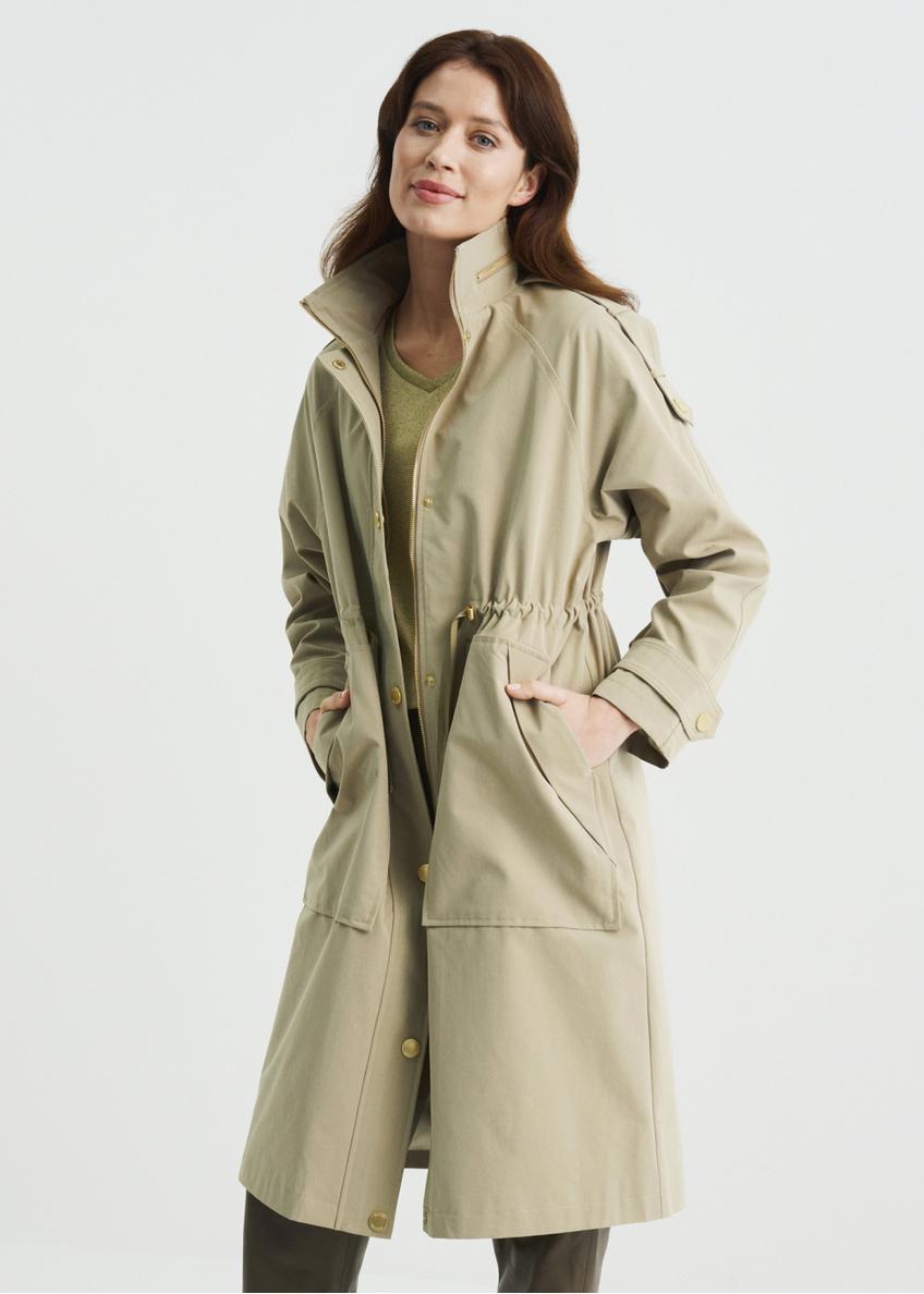 Women's olive colored coat with a button closure KURDT-0353-57(W22)-01