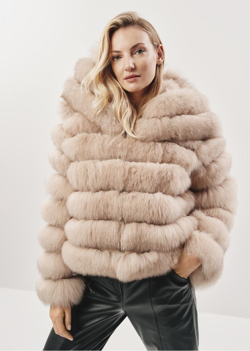 Beige women's fur coat with collar FUTDF-0100-1343(Z25)