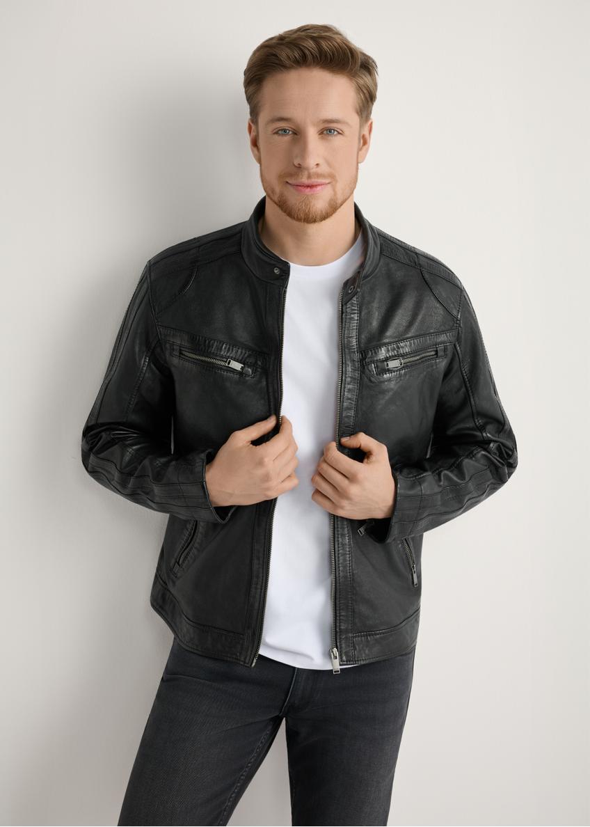 Men's black leather jacket KURMS-0397-99(W26) - front view of the product, on a model, against a light background. Knee-length silhouette visible.