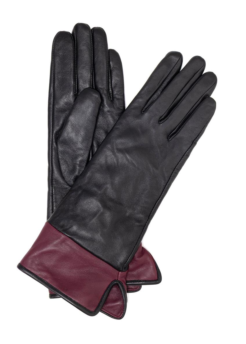 Black and burgundy women's leather gloves REKDS-0094-99(Z25) - top view of the product on a white background.