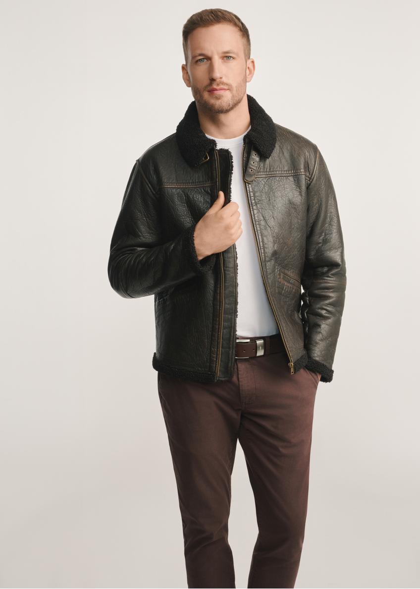 Brown men's leather jacket with sheepskin KURMS-0386-0704(Z25), product view from the front on the model, half of the silhouette visible.