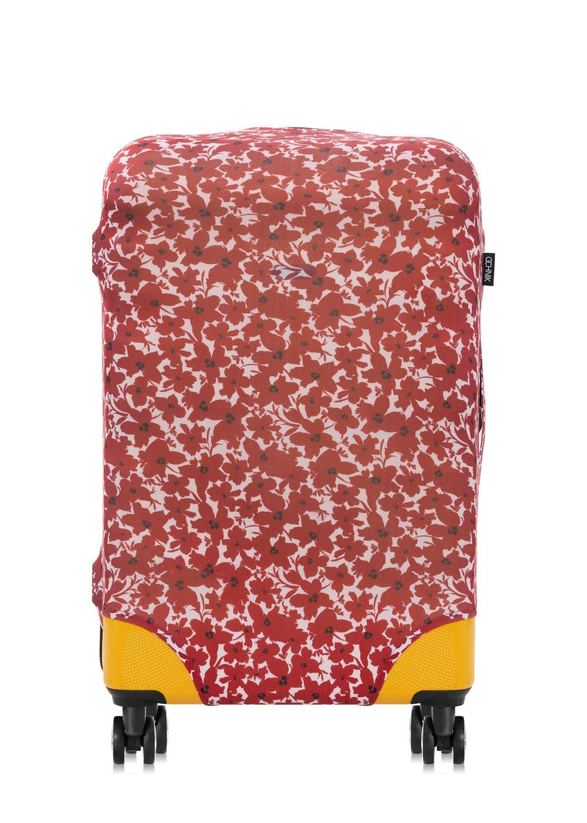 Suitcase cover with flowers for medium suitcase AW-013-0005-42-M(W25), front product view on the suitcase.