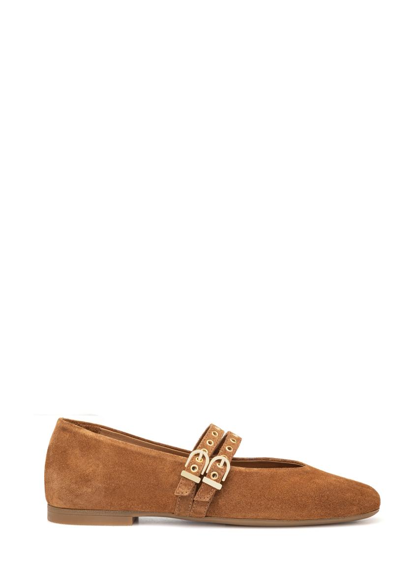 Women's suede ballet flats in camel color BUTYD-1243-1D(W26), side view of the product on a white background.