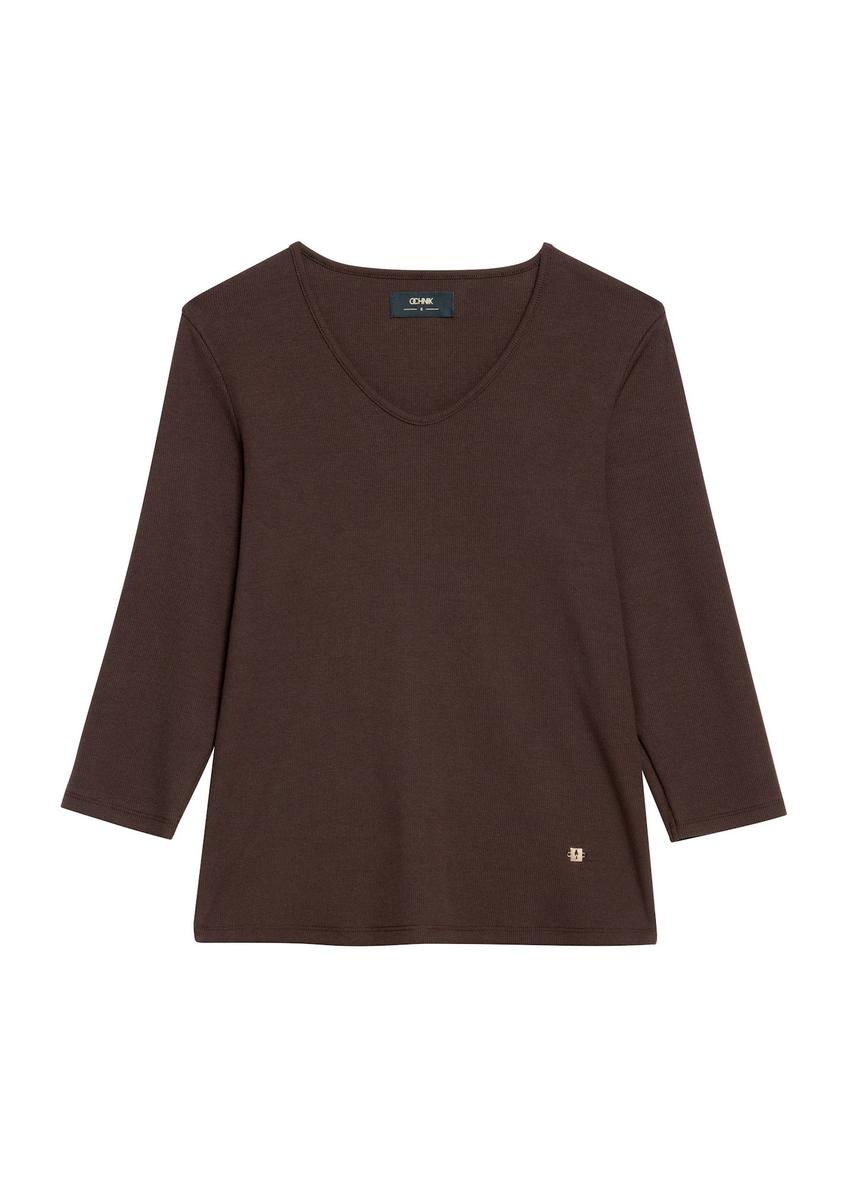 Brown women's V-neck blouse LSLDT-0036-1I(W26)