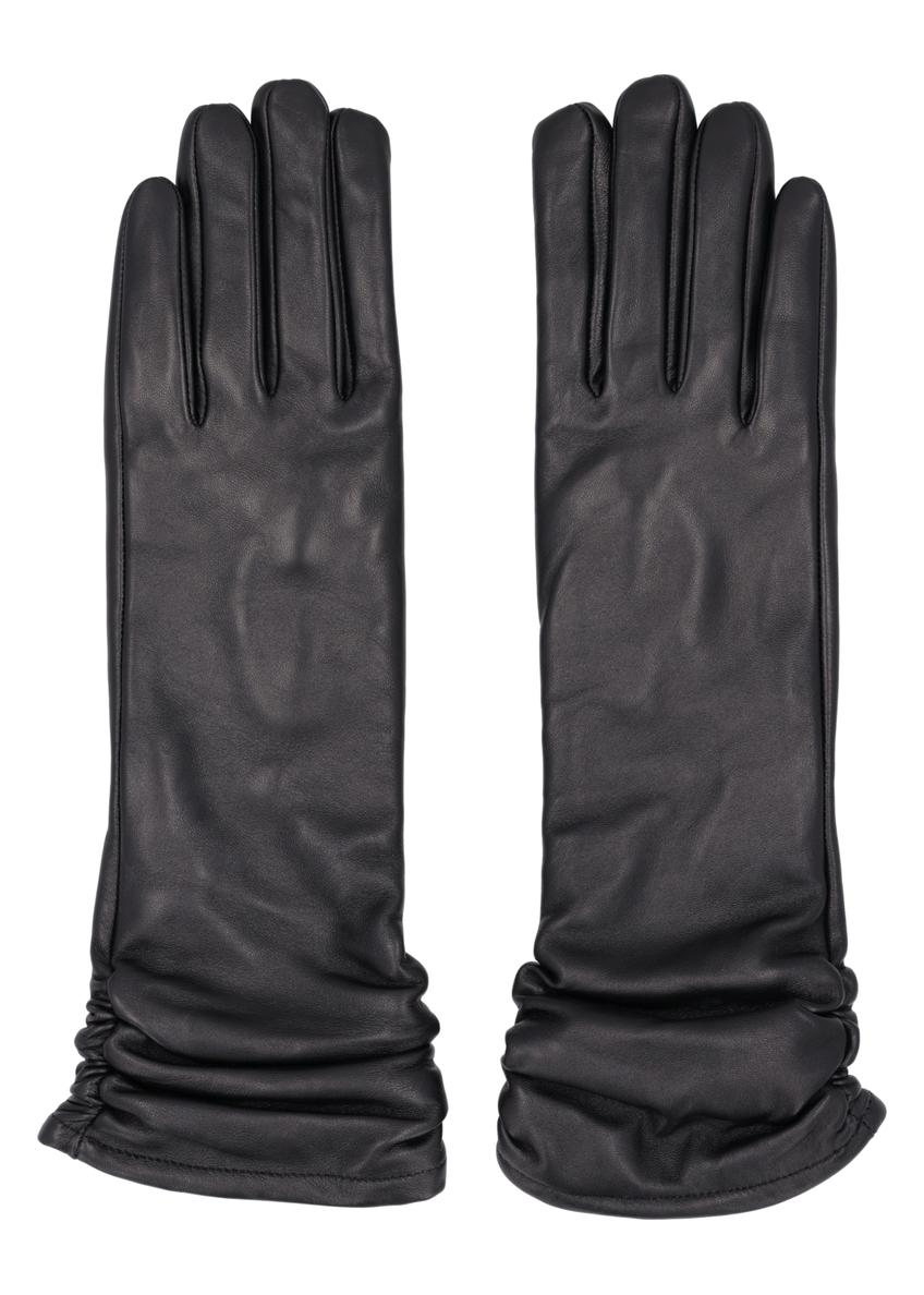 Women's black leather gloves with ruffles REKDS-0102-99(Z26)