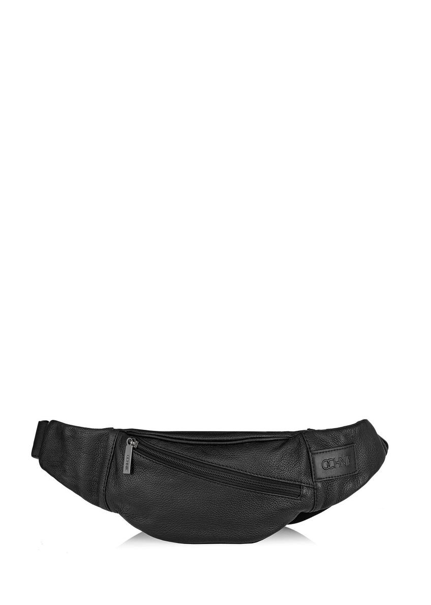 Men's black leather waist bag TORMS-0440B-99(Z25), front product view on white background.