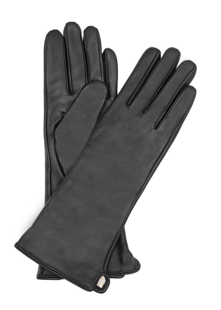 Long black leather women's gloves REKDS-0082A-99(Z26), product view from the front and back on a white background.