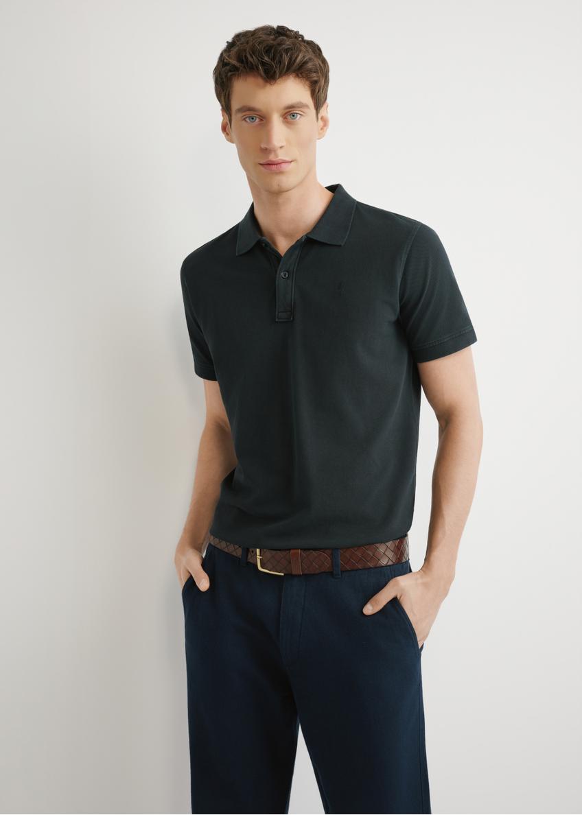 Men's black polo shirt POLMT-0055A-99(W26), front view of the product on the model. Half of the silhouette visible.