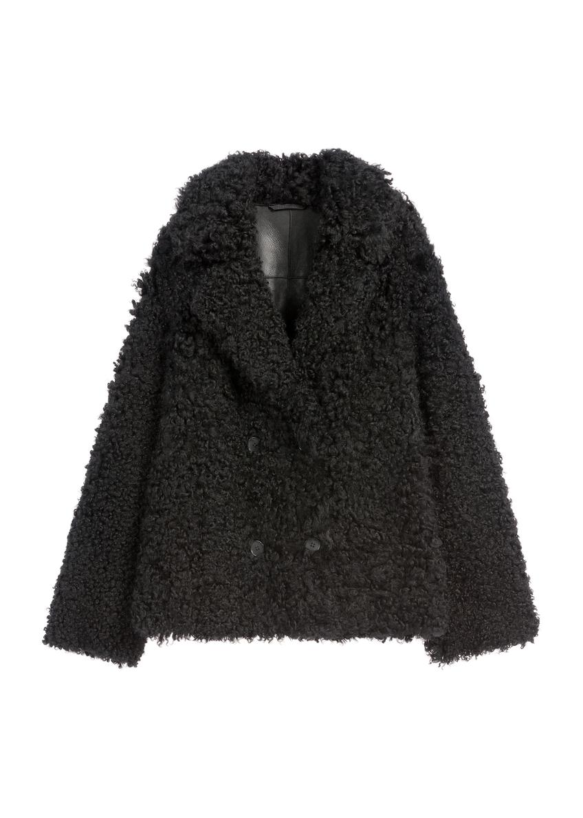 Black women's sheepskin coat KOZDS-0087-3095(Z25), front product view on a white background.