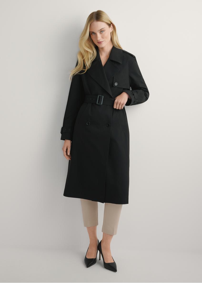 Long black women's jacket in the form of a coat KURDT-0512-99(W25), product view from the front on the model, the whole silhouette is visible.