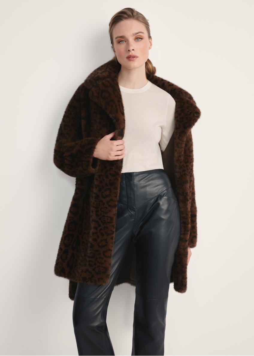 Women's brown leopard print fur coat FUTDP-0074-89(Z25) - front view of the product on a model, against a white background. Knee-length silhouette visible.