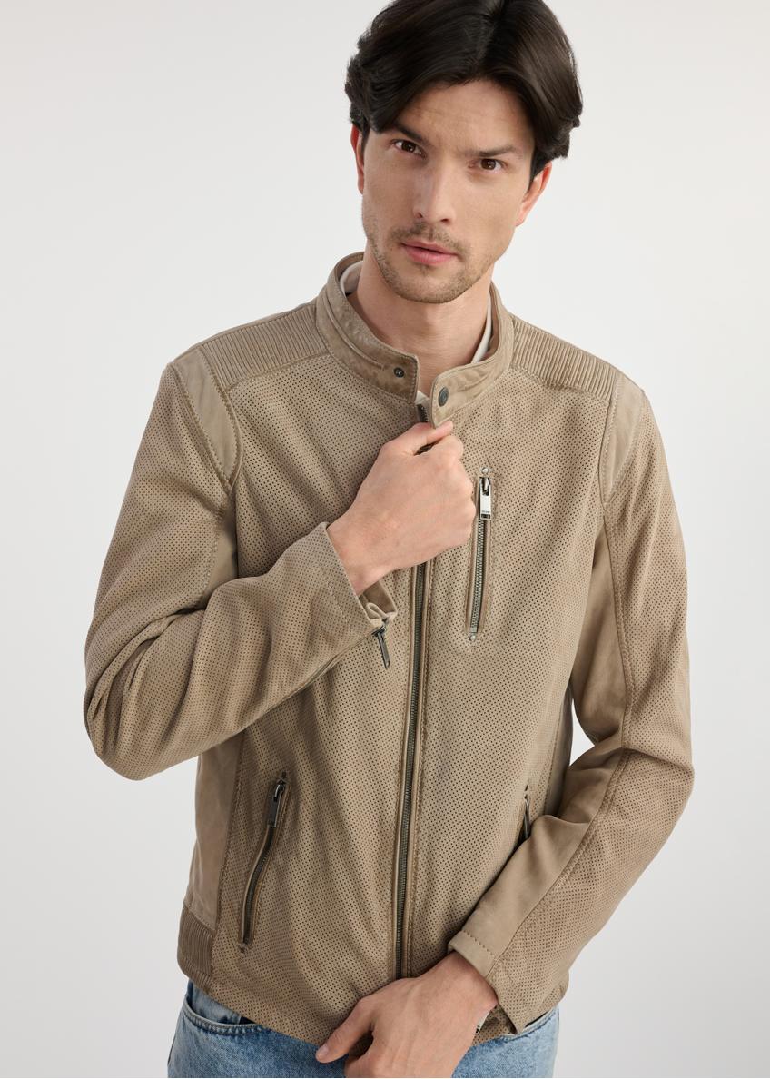 Beige men's jacket made of genuine leather KURMS-0369-2845(W25) - front view on a model on a white background. Half of the silhouette visible.